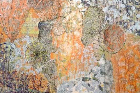 Eva Isaksen, Orange Light, 2010. Print and collage on canvas. 40” x 60.”