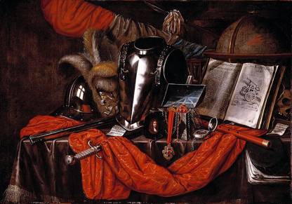Still life with globe, breast armor, sword, plumed helmet, small box with jewelry and medals, military book, and flag on draped table with red cloth