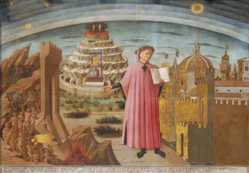 Domenico di Michelino, Dante’s Divine Comedy, 1465, buon fresco, the Duomo, Florence, Italy. This image is in the public domain