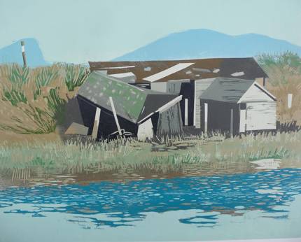 Christopher Gildow, Boathouse, 2007, from the Stillaguamish Series. Reduction woodcut print. 