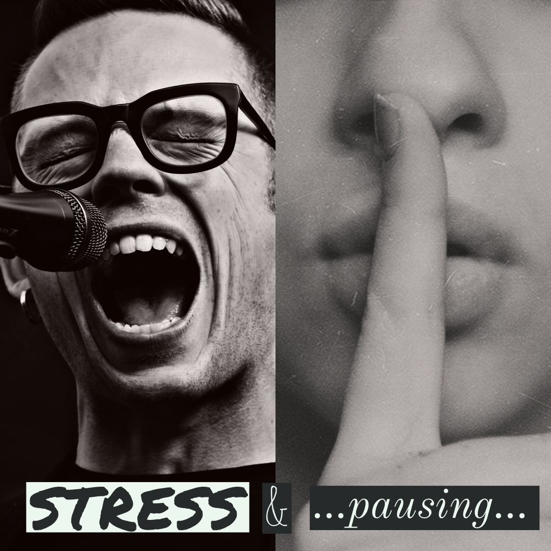 a man screams above the word stress. A woman holds her finger on her lips over the word "pausing"